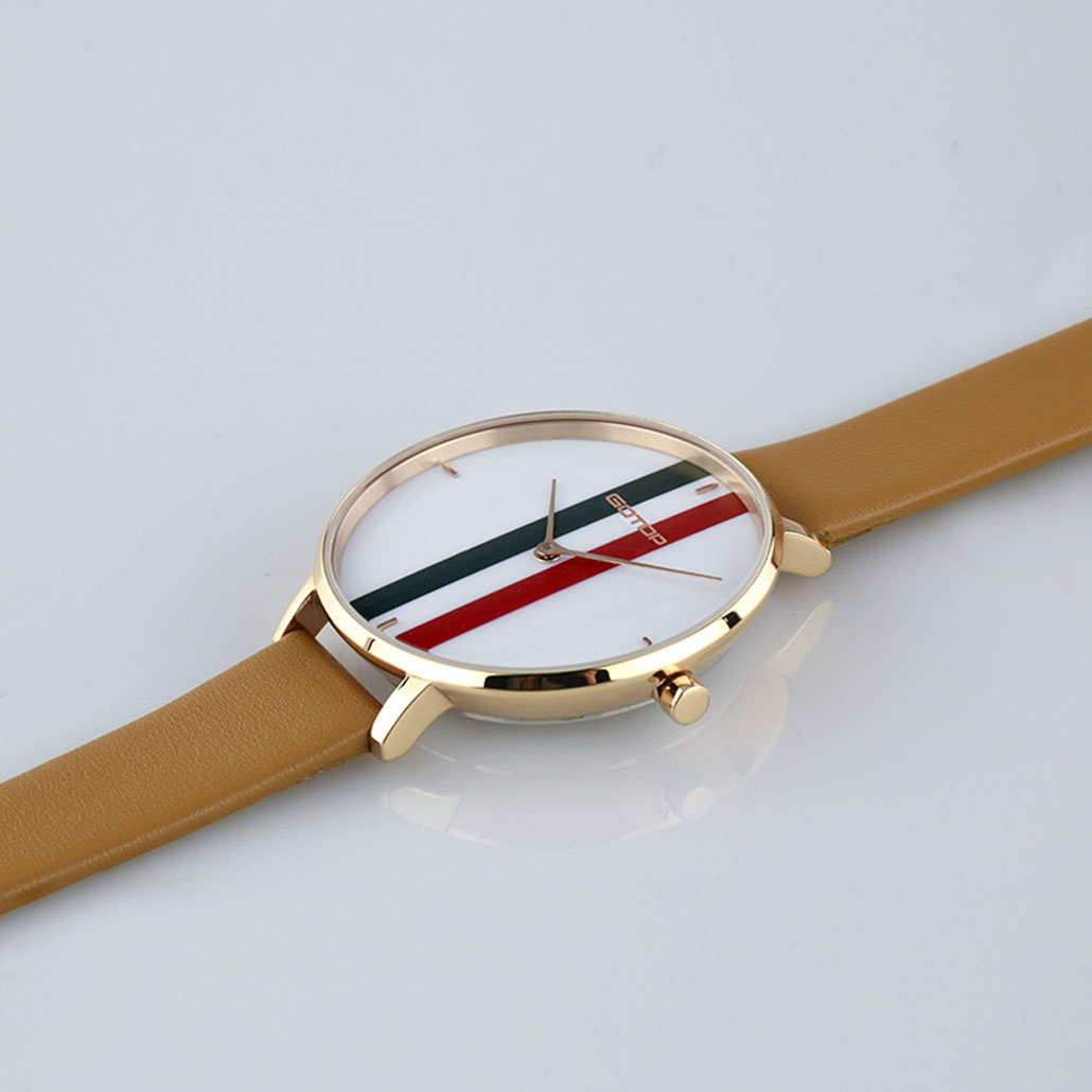 SS653 White Women's Watch With Leather Strap And Stripe Detail