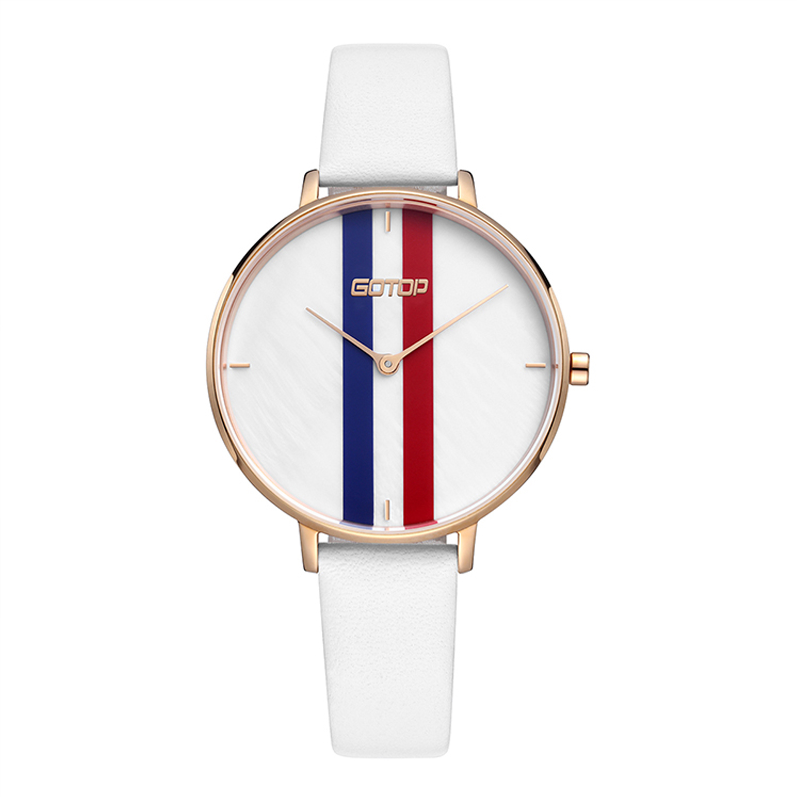 White Women's Watch With Leather Strap And Stripe Detail